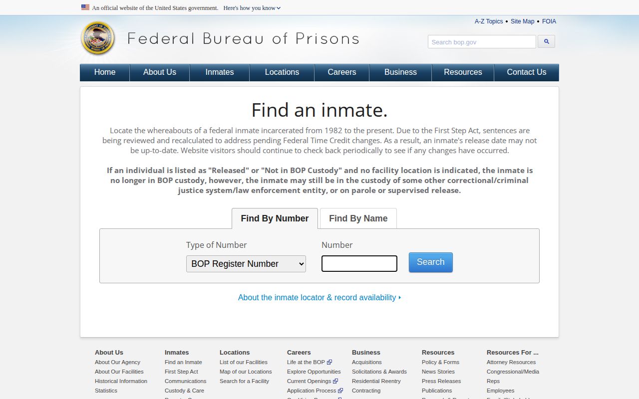 Federal BOP locator for a Florida released inmate
