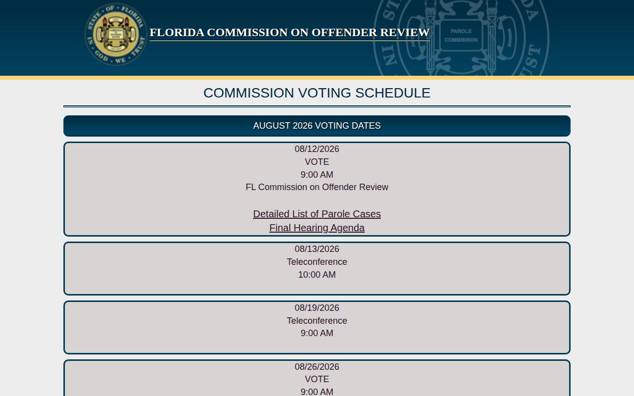 Florida FCOR parole hearing and voting schedule
