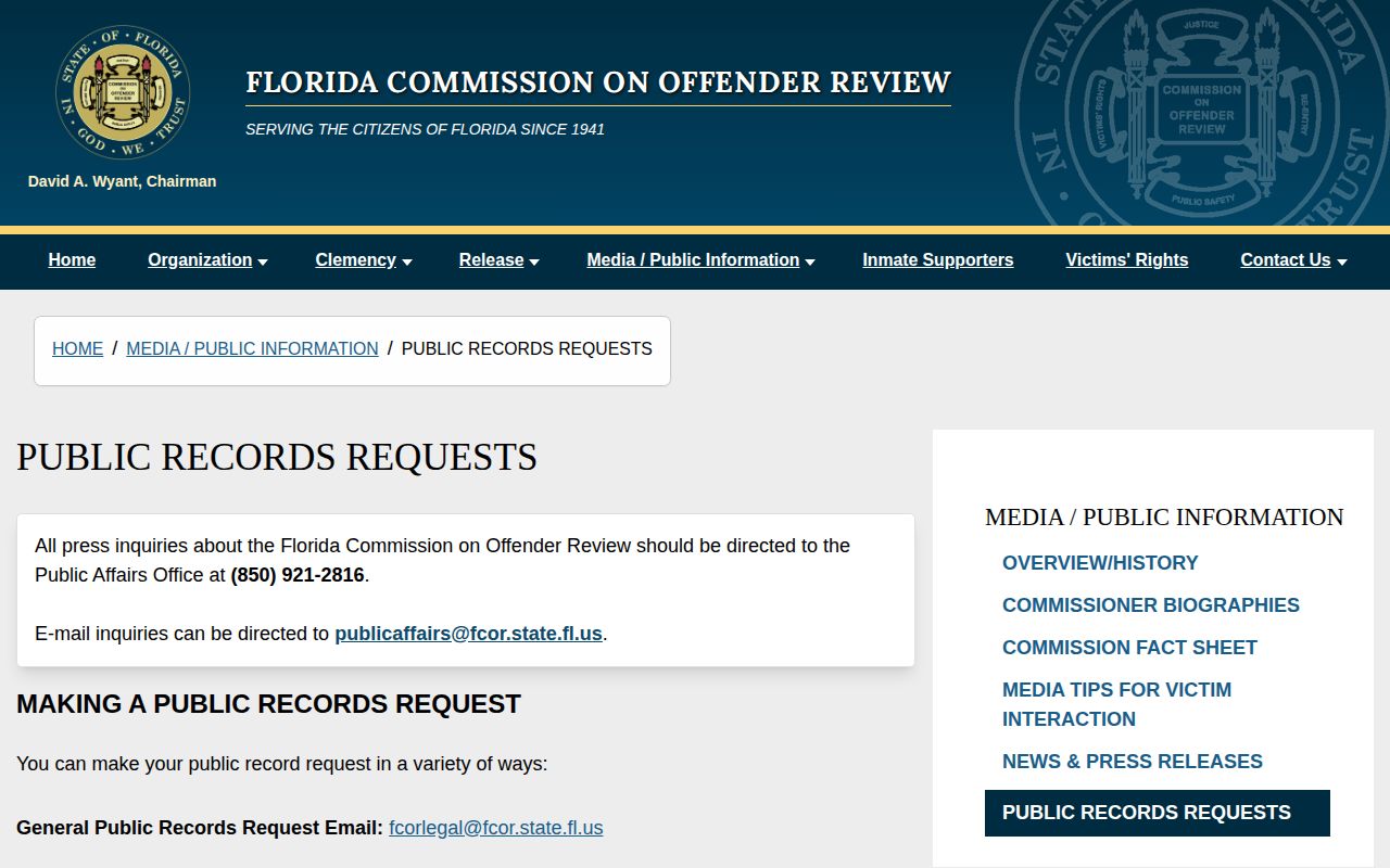 Florida FCOR public records route for parole hearing decisions