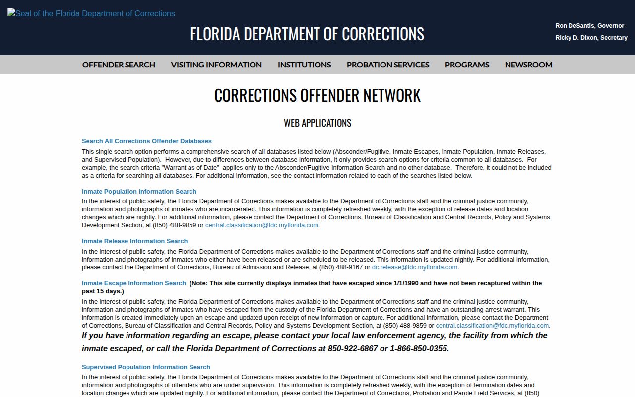 Florida released inmates search choices on the FDC Corrections Offender Network