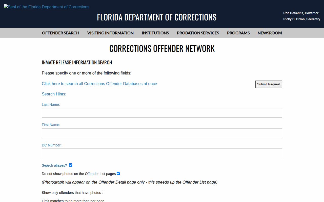 Florida released inmates name and DC number search form