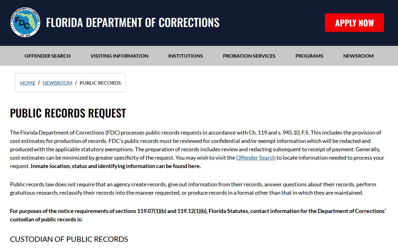 Florida FDC public records route for released inmate records