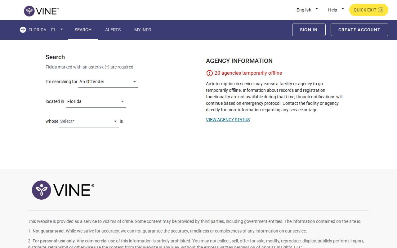 Florida VINELink person search for release status and notifications
