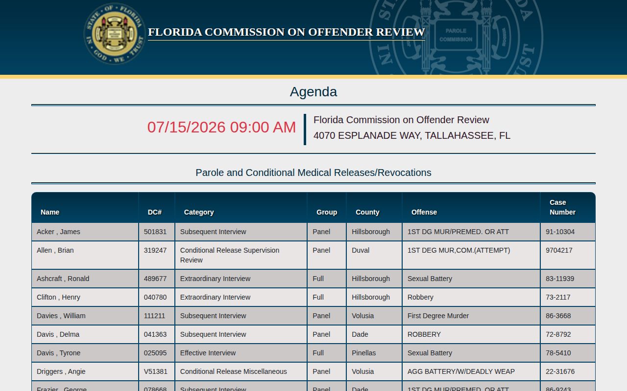 Florida FCOR dated parole agenda with hearing case fields