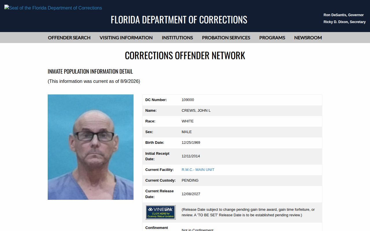 Florida FDC active inmate record with Current Release Date