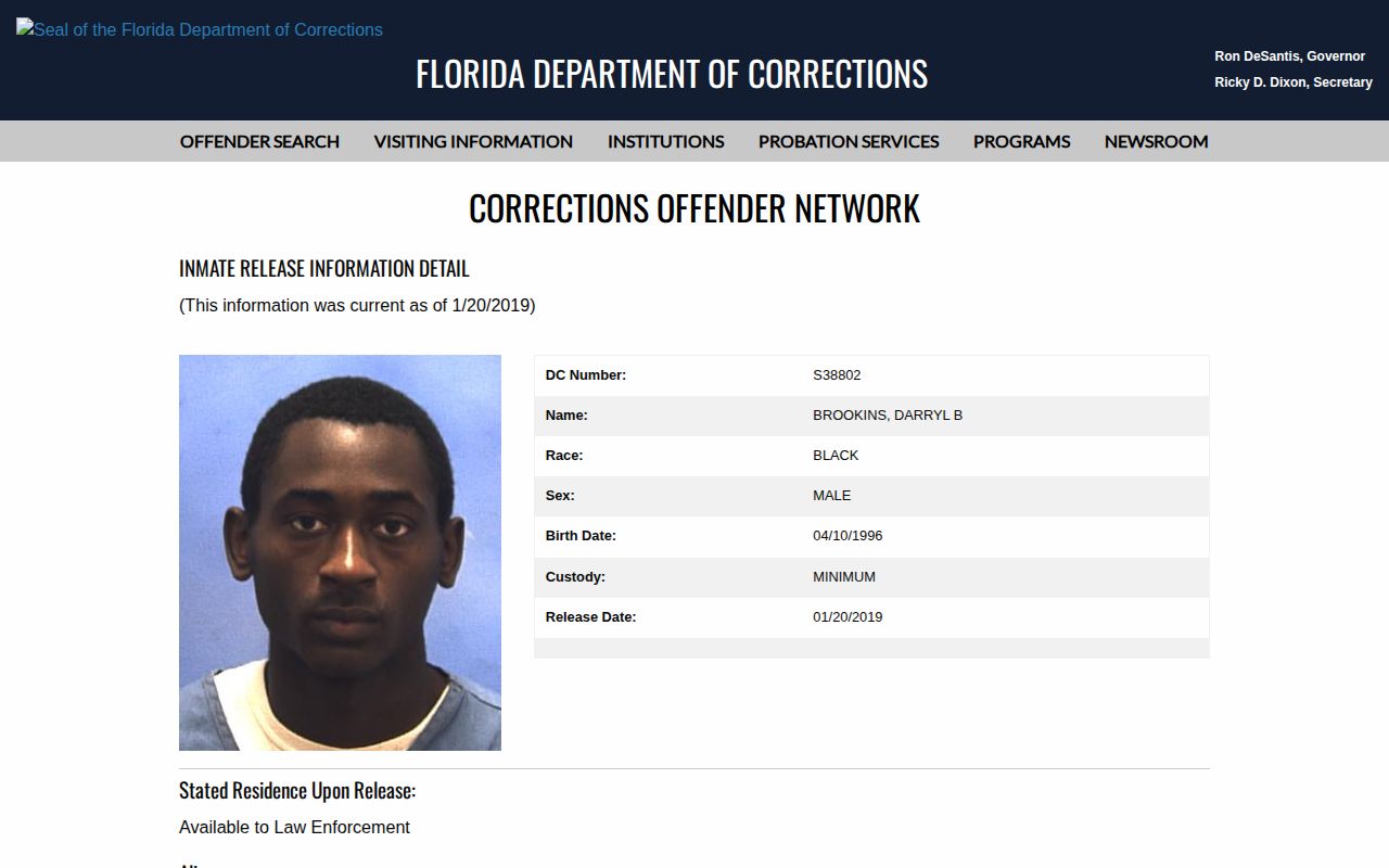 Florida FDC released inmate detail with Release Date and Date Out-Custody